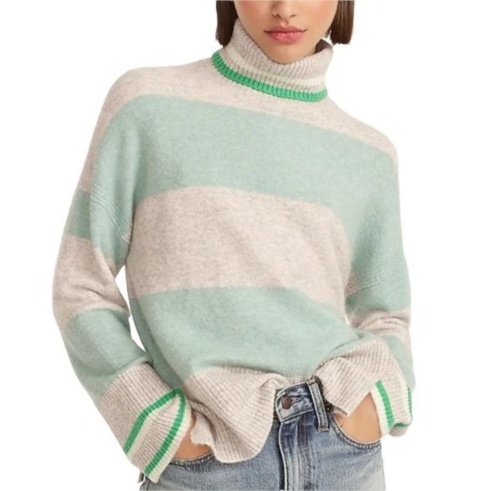 J. Crew Striped Turtleneck Sweater Supersoft Yarn Heather Silver Mint NWT